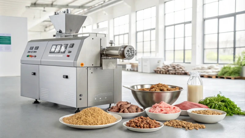 A modern industrial dog food extruder machine in a factory