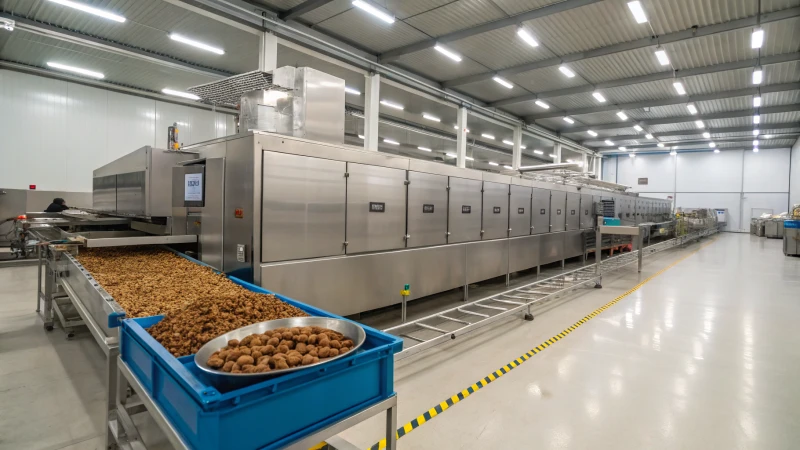 Modern industrial dryer in a pet food manufacturing facility