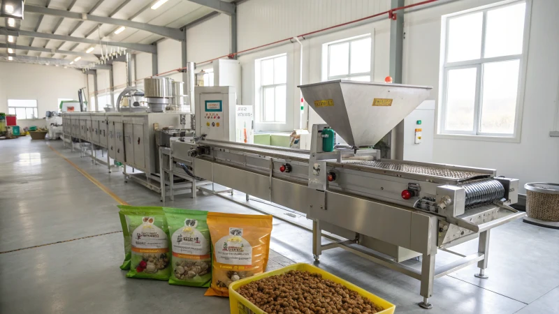 Industrial extruder machine in pet food production facility