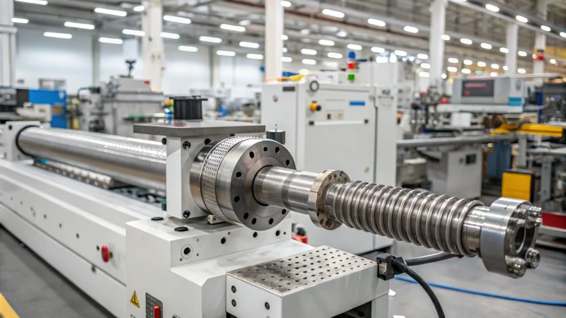 A modern industrial extruder in a busy manufacturing facility