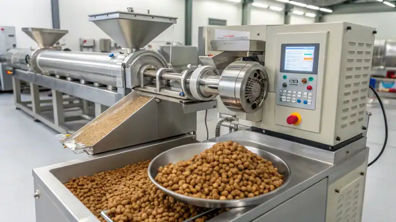 A modern industrial extruder processing pet food in a factory.