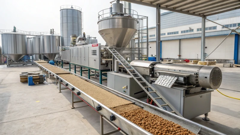 A modern fish feed production facility with an extruder machine and conveyor belts