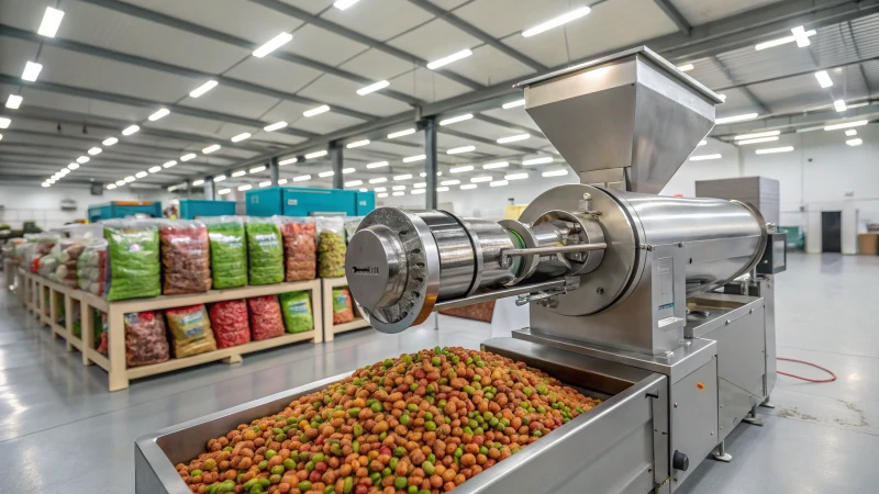 High-tech pet food extruder in a modern factory