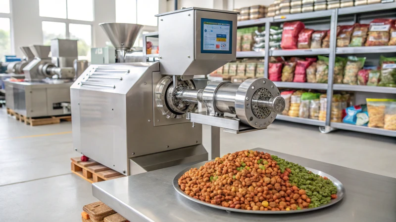 A modern industrial pet food extruder in a factory setting