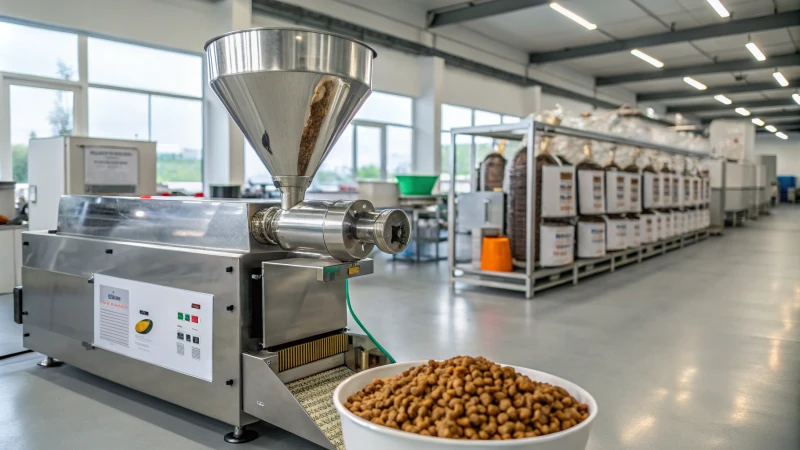 A bright and clean industrial facility for pet food production featuring machines and organized ingredients.