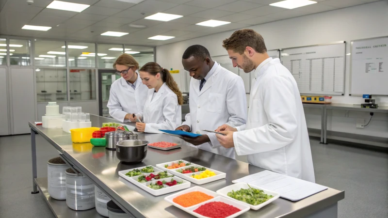 A diverse group of scientists in a laboratory analyzing food ingredients