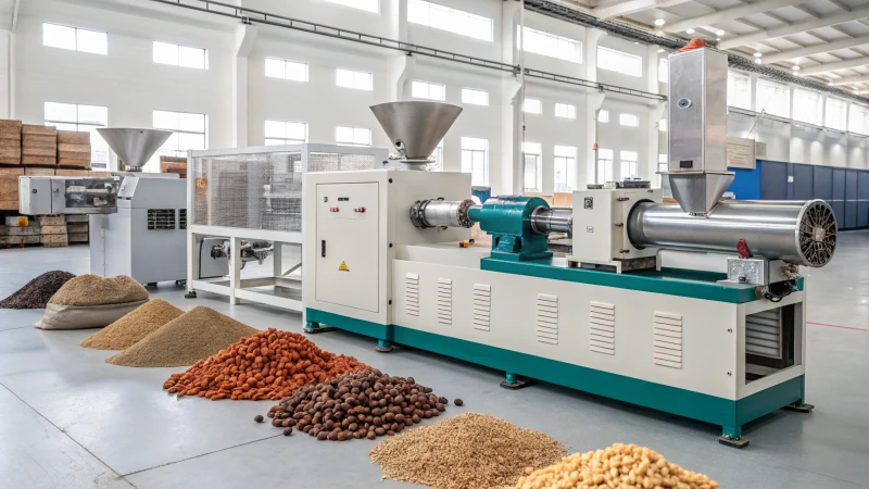 A modern manufacturing facility showcasing three types of pet food extruders.