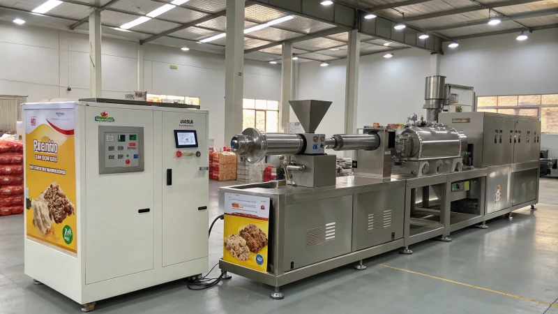 A modern manufacturing facility with pet food extruders