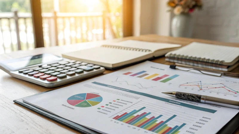 Modern office desk with a detailed report and colorful graphs