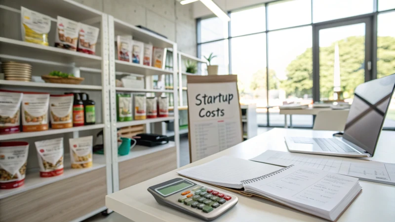 A modern office with dog food products on shelves and financial documents in the foreground