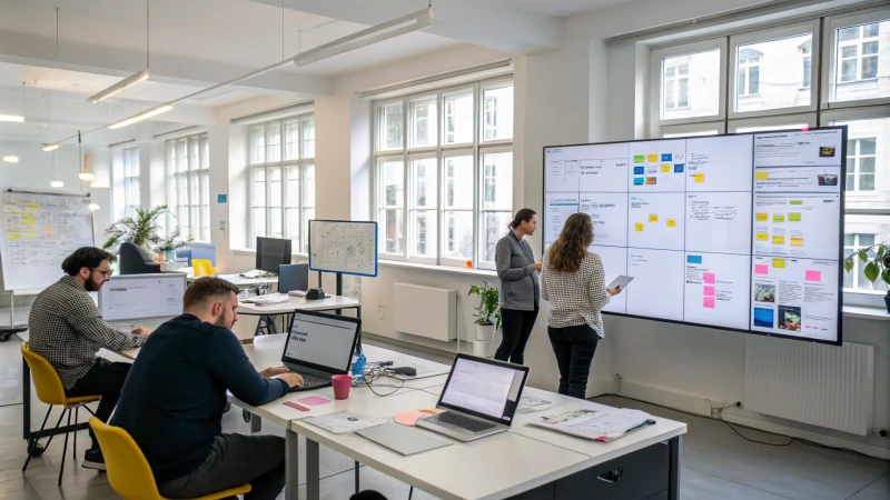 A diverse team collaborating in a bright modern office