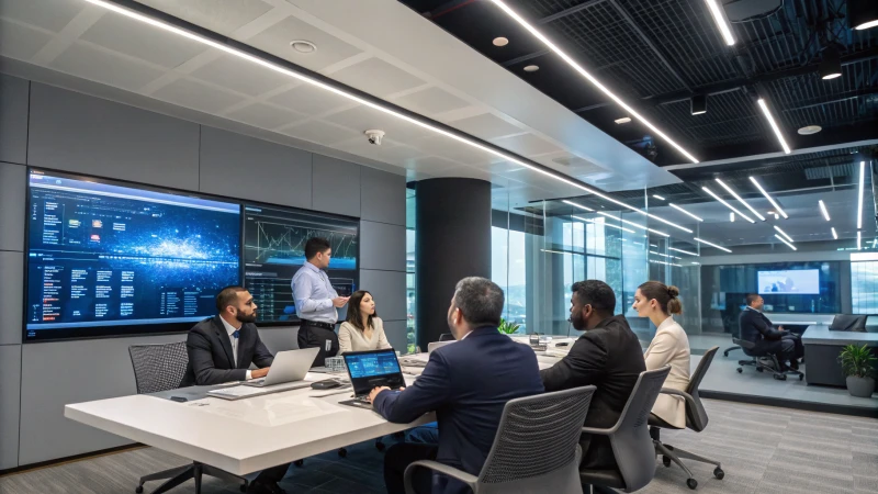 A modern office with professionals discussing around a table