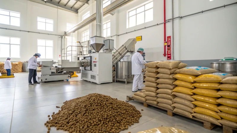 Modern pellet machine in a dog food production facility