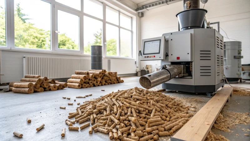 Modern pellet machine processing wood