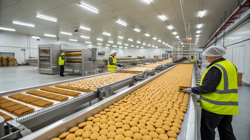 A modern pet biscuit manufacturing facility with workers and machinery