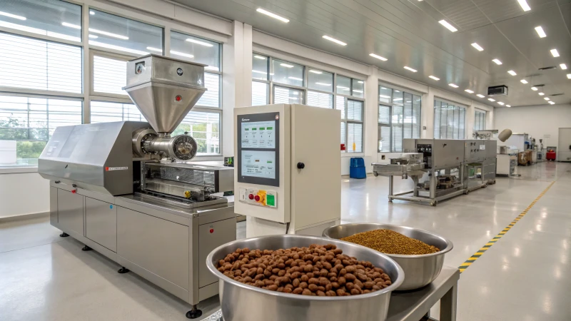 A modern pet food extruder machine in a high-tech factory setting.