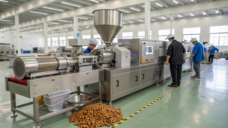 A modern pet food extruder machine in a factory setting