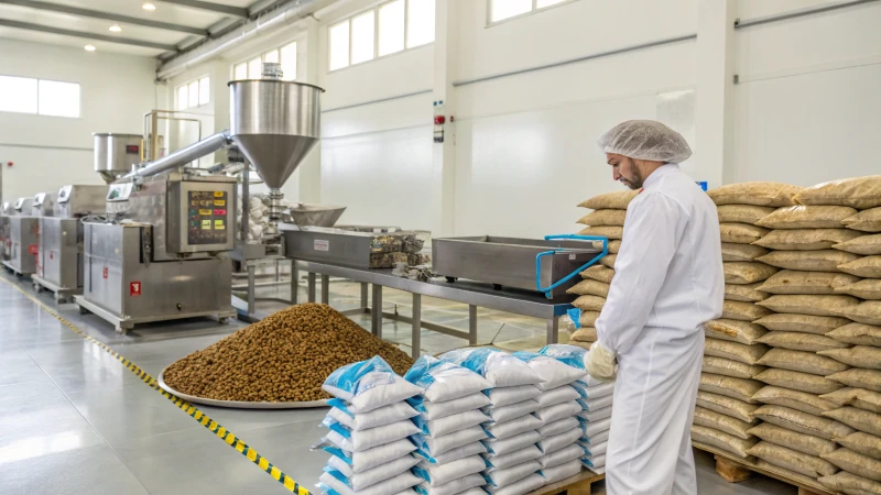 A worker monitoring a pet food extrusion facility with advanced machinery.