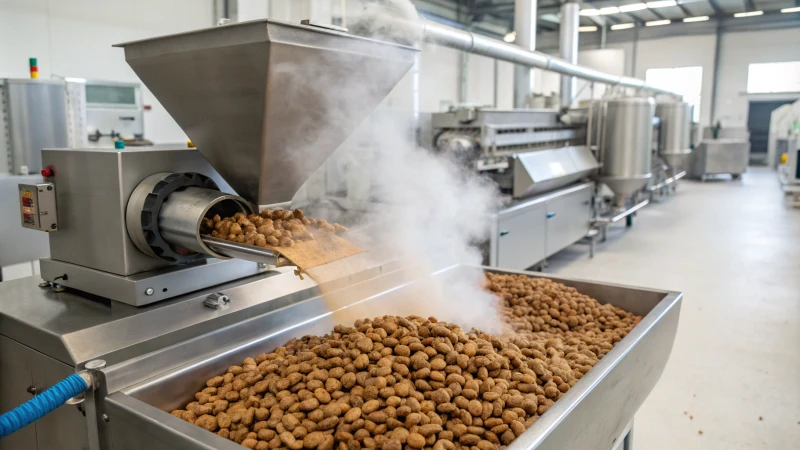 A large industrial extrusion machine in a pet food facility