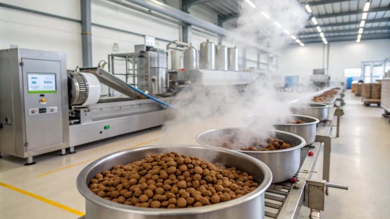 A modern pet food extrusion facility with advanced machinery producing kibble.