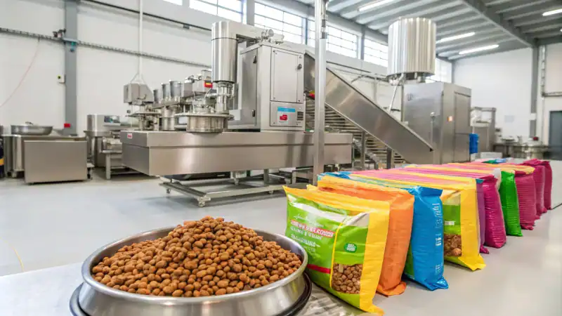 A modern pet food extrusion facility with high-tech machinery