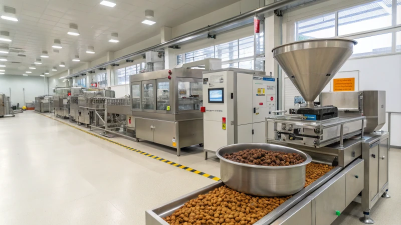 A modern pet food extrusion facility showcasing advanced machinery