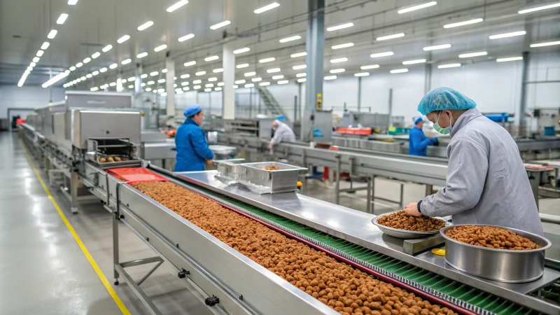 High-tech pet food extrusion facility with stainless steel machinery and workers