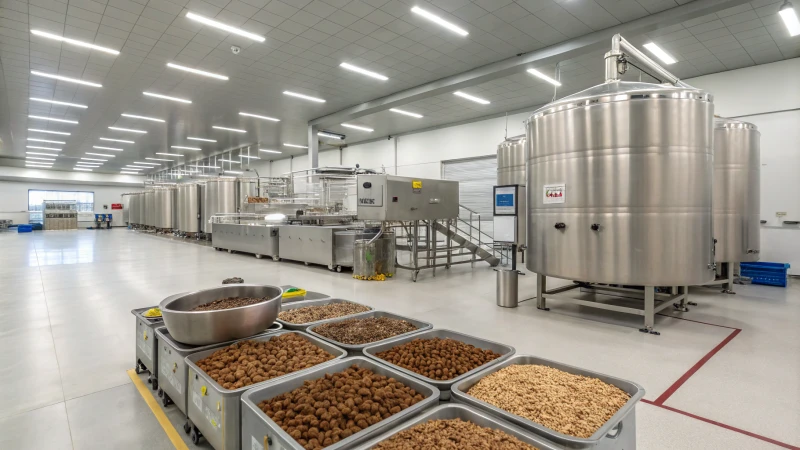 A modern pet food extrusion facility with advanced machinery