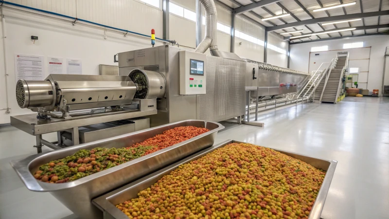 A high-tech pet food extrusion facility with twin-screw extruder in operation.