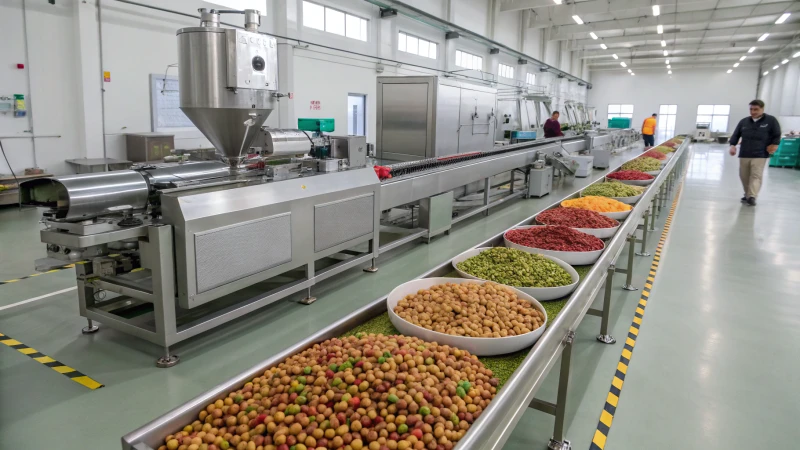 Automated pet food extrusion facility with machinery and workers