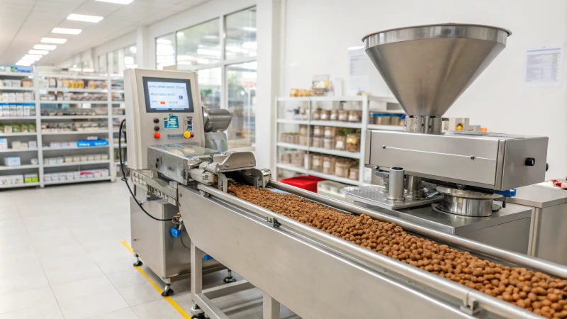 A modern stainless steel pet food extrusion machine in a factory.