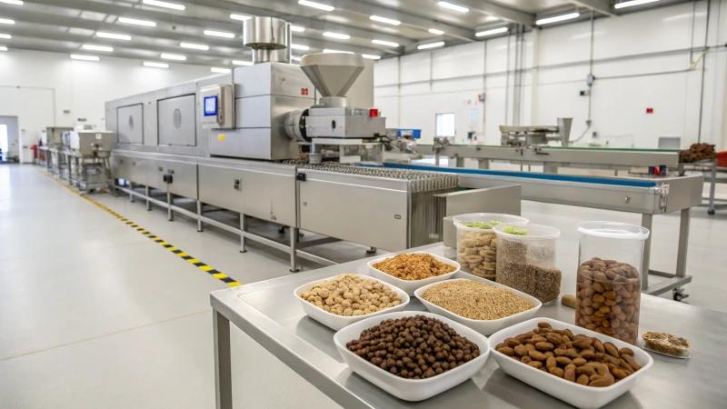 A modern pet food extrusion machine in a clean manufacturing facility with kibble samples.