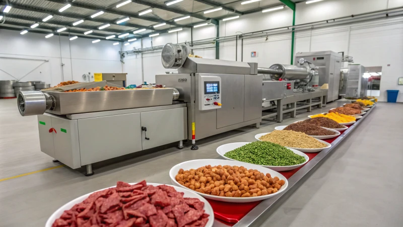 A modern pet food extrusion machine in a factory