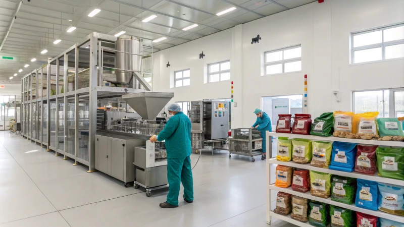 A modern pet food production facility with workers and machinery