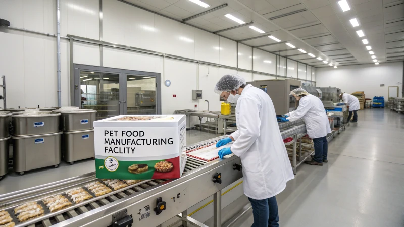 Interior of a pet food manufacturing facility with workers inspecting products