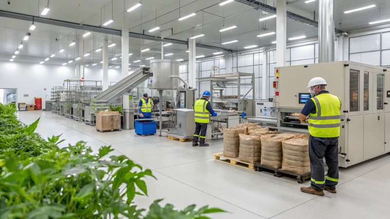 A modern pet food manufacturing facility with advanced machinery and workers