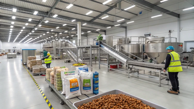 Interior of a modern pet food manufacturing facility with industrial equipment.