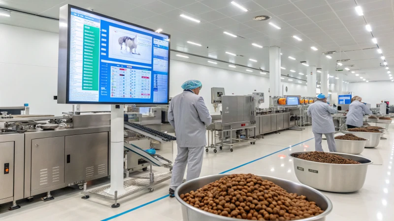 A modern pet food manufacturing facility with automated machinery and workers monitoring production.