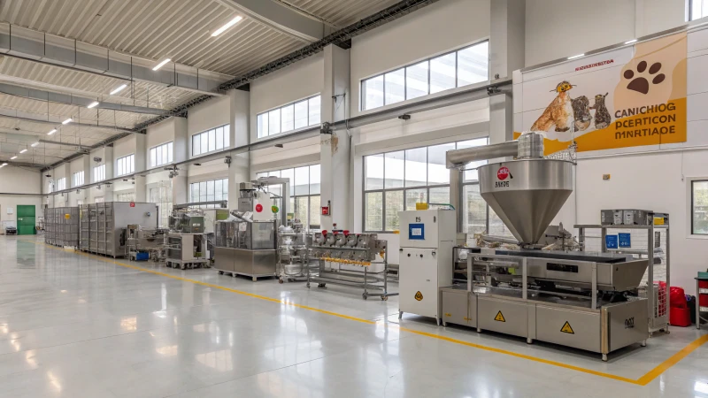 Interior of a modern pet food manufacturing facility with advanced machinery.