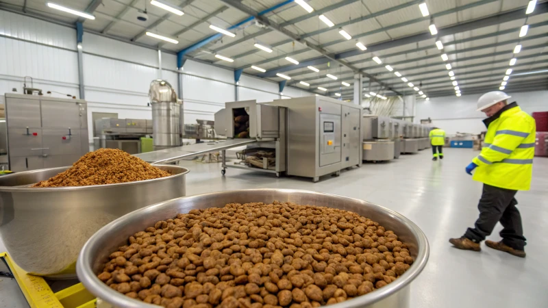 Inside view of a modern pet food manufacturing facility