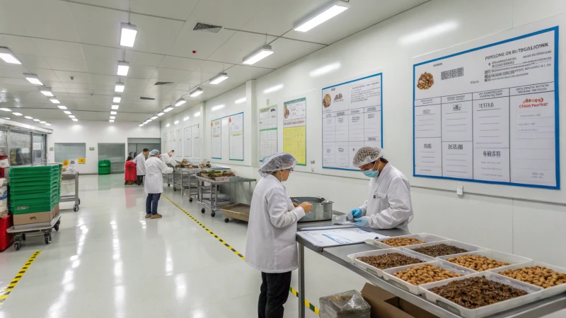 Interior of a pet food manufacturing facility with employees inspecting ingredients