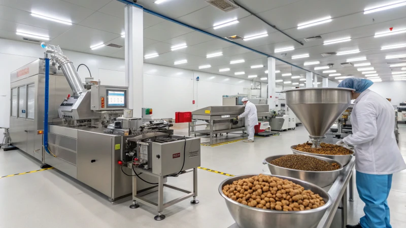 A modern pet food manufacturing facility with advanced technology and eco-friendly materials.