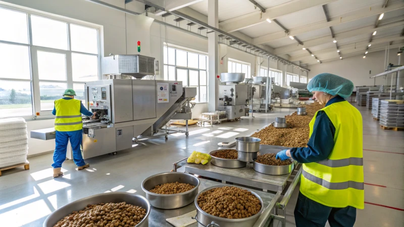 A modern pet food manufacturing facility with industrial machines and workers in safety gear.