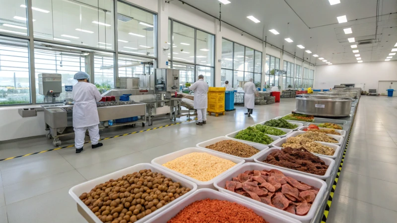 Interior of a modern pet food manufacturing facility with workers and machinery