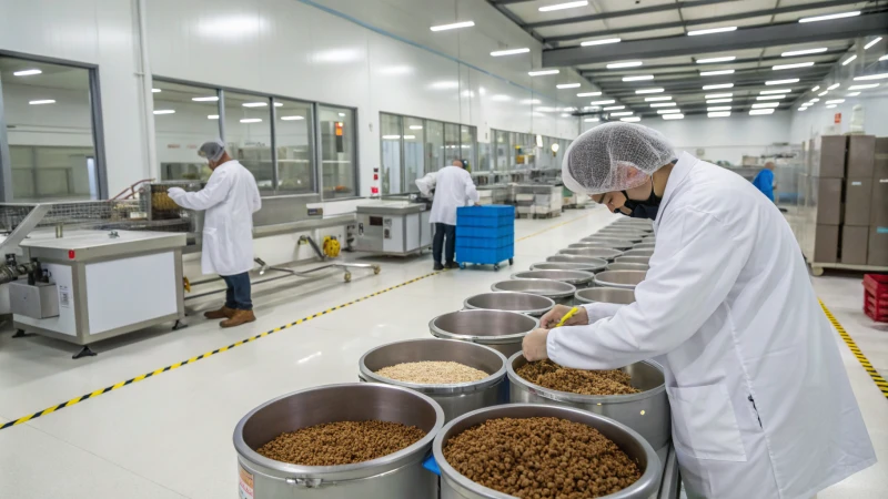 Workers in lab coats at a pet food manufacturing facility