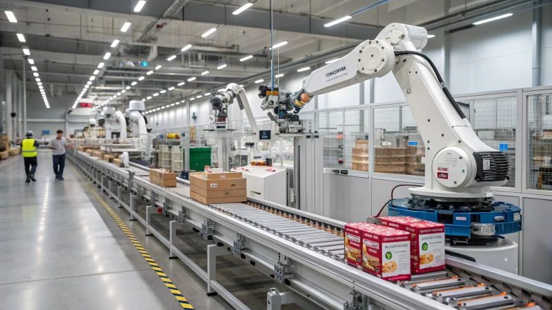 Automated pet food production line with robotic arms