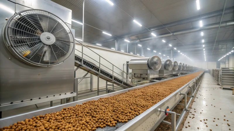 A modern pet food processing facility with a conveyor belt and cooling system