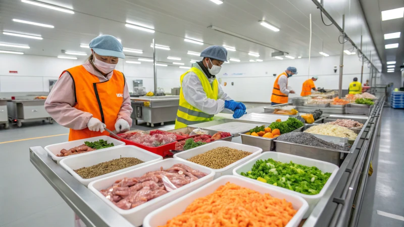 Workers in a modern pet food processing facility wearing safety gear