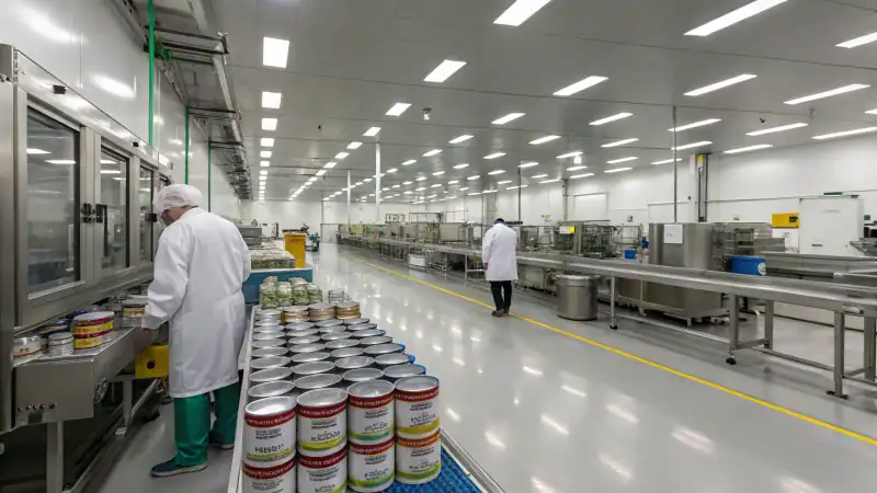 Inside view of a modern pet food production facility