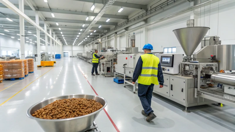 A modern pet food production facility with advanced machinery and workers in safety gear.